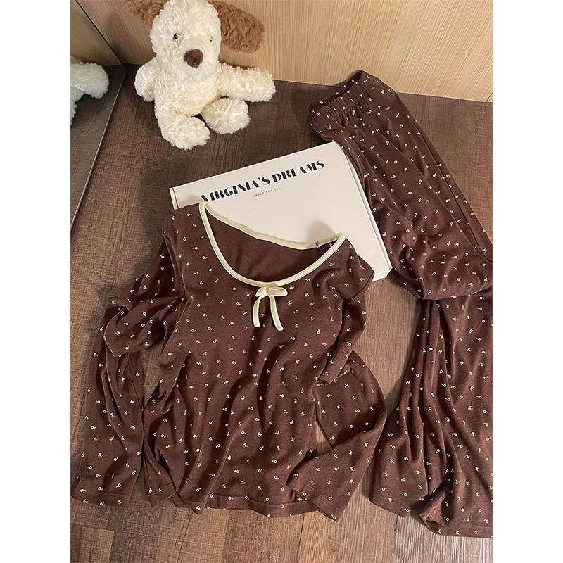 法式复古碎花睡衣女春秋季圆领长袖长裤大码2025新款家居服带胸垫