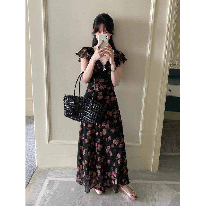 【NO退NO换】法式温柔气质V领碎花连衣裙9213  裙长118