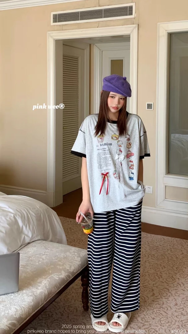 卡通印花短袖长裤女士家居服舒适休闲睡衣套装