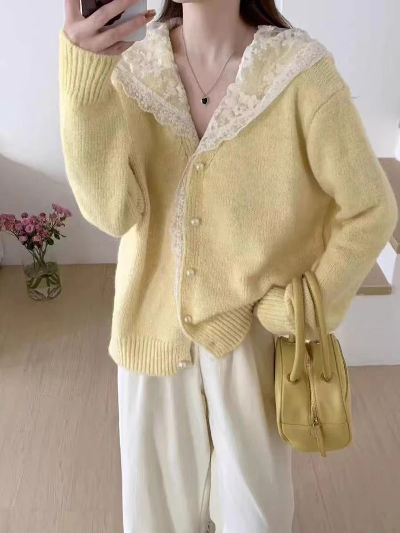 蕾丝拼接连帽针织开衫女秋冬慵懒别致毛衣外套宽松高级感法式上衣