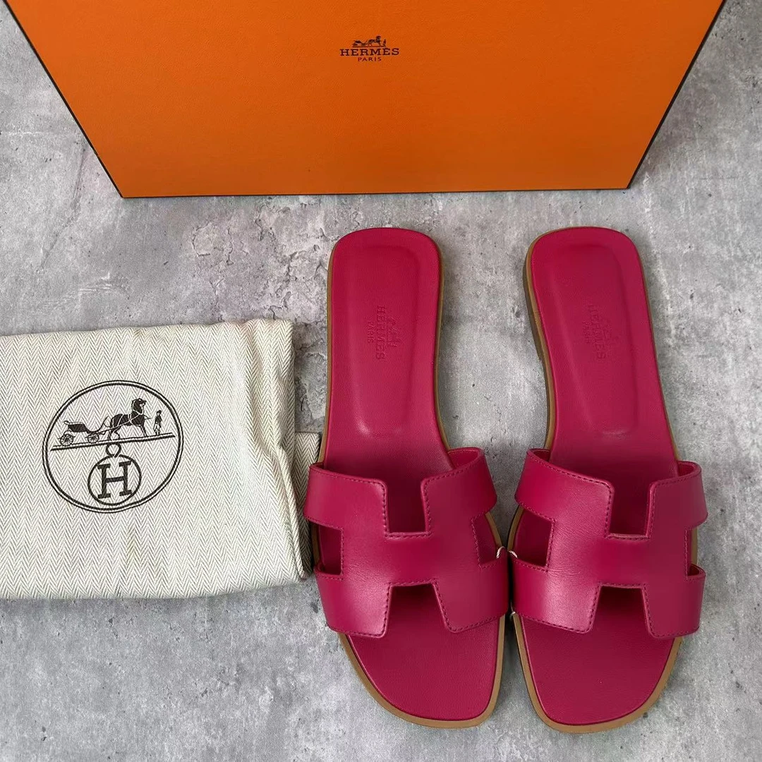 99新 Hermes/爱马仕 38码/仔仔女鞋/全套/酒红色H平底拖鞋 1671