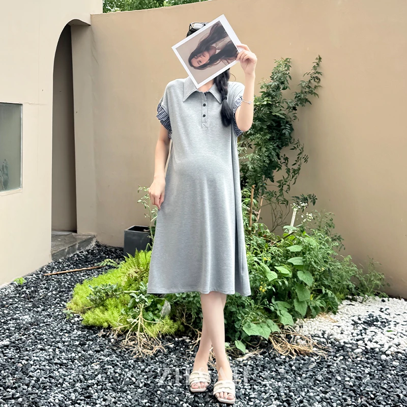 ZH&AH【海盐气泡】夏季新款时尚气质百搭设计孕期通勤格纹拼接T恤裙