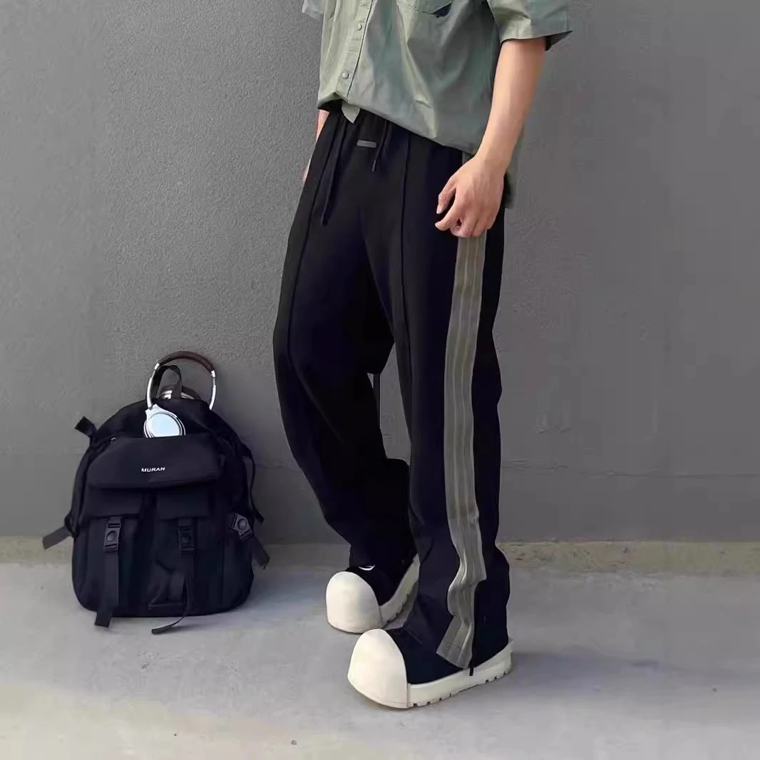 ESSENTIALS新款联名三条杠加绒休闲拉链直筒裤男女情侣阔腿裤