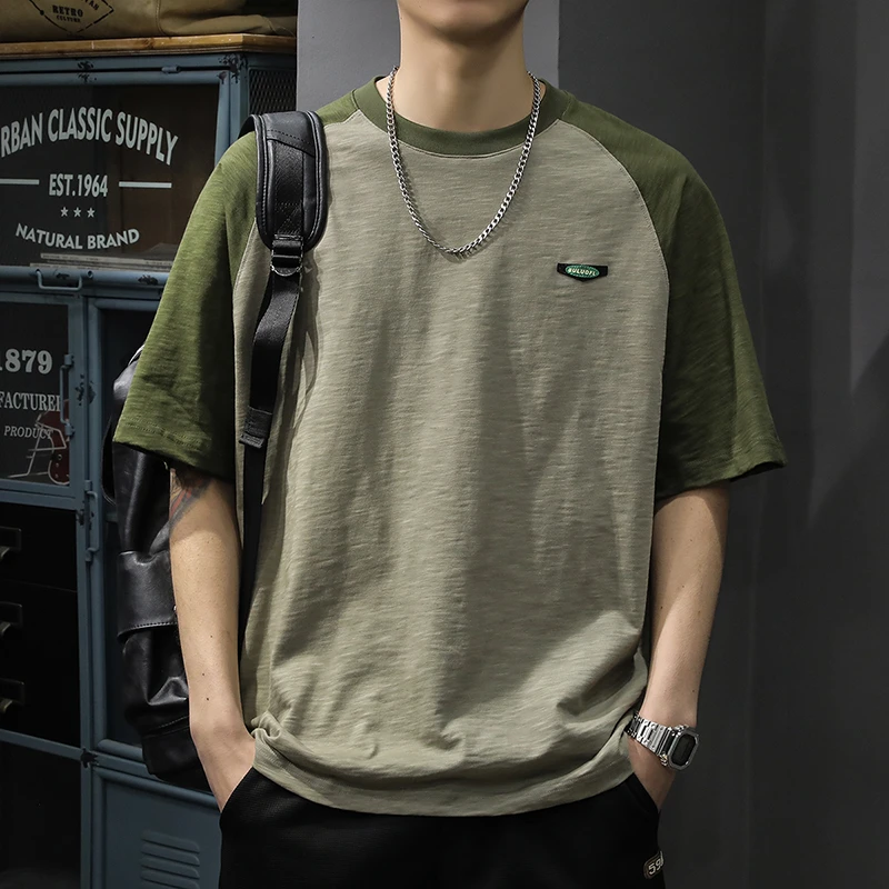 美式重磅潮牌短袖t恤男2025夏季新款撞色插肩袖体恤宽松大码半袖T