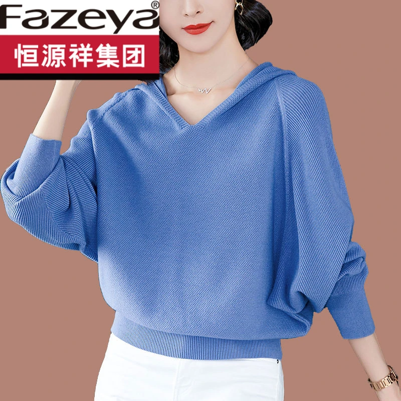 恒源祥集团彩羊连帽蝙蝠衫女短款宽松洋气外穿羊毛针织休闲毛线上