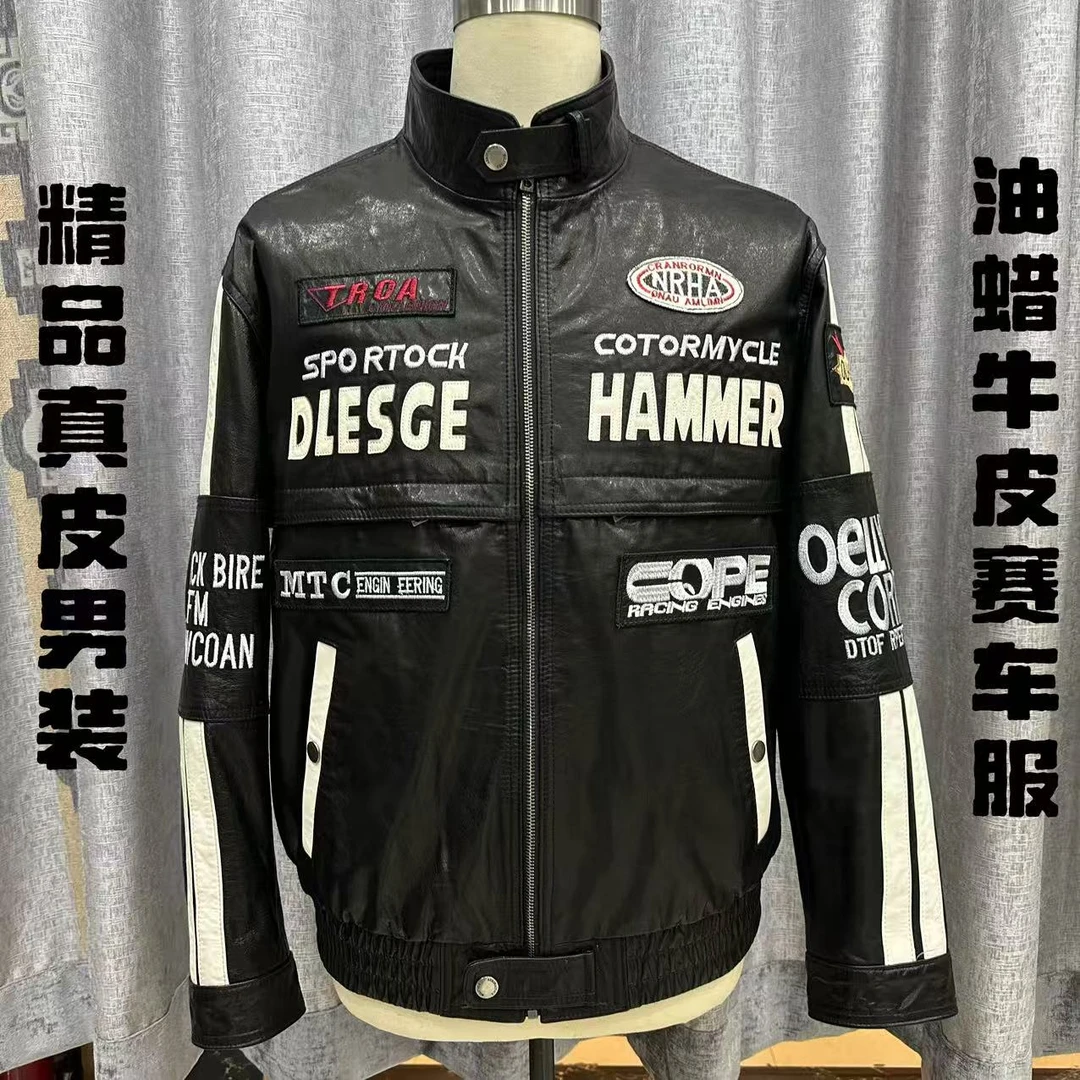 臻品唐先生油腊牛皮高端时尚新品立领赛车服刺绣皮衣