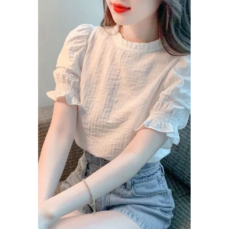 木耳边雪短袖别致上衣女2025夏季新款设计感小众泡泡袖百搭短袖
