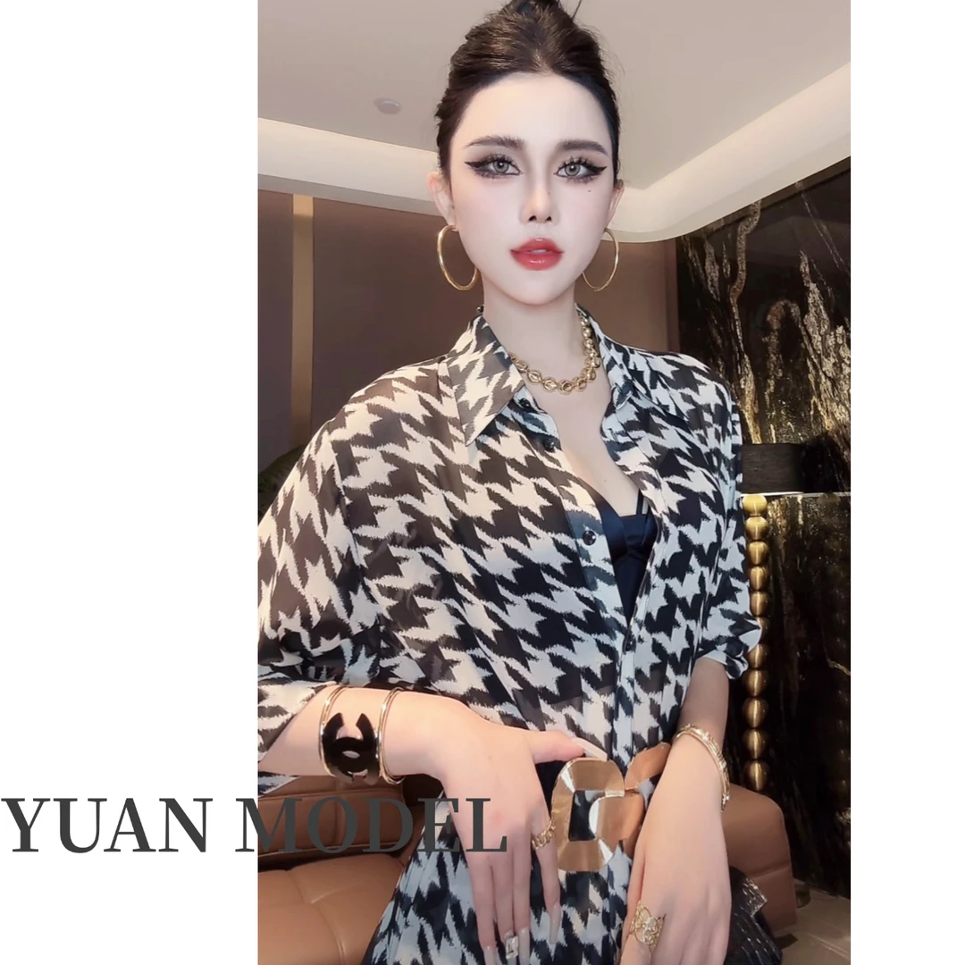 【YUAN MODEL】媛老板-2025夏季时装高端气质千鸟格衬衫套装041985
