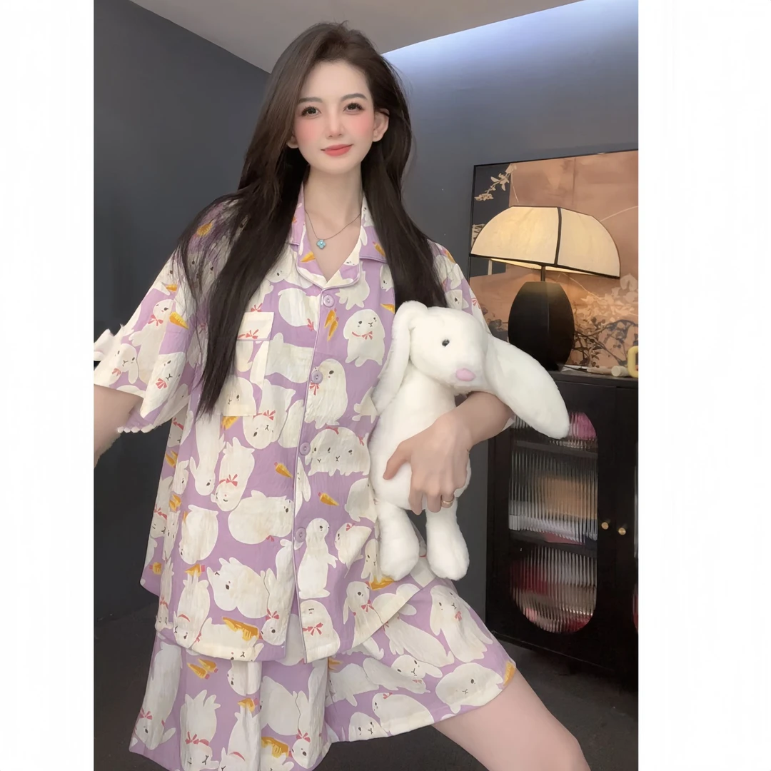 【小萌兔】云朵棉卡通短袖睡衣套装女夏季薄款两件套可外穿家居服