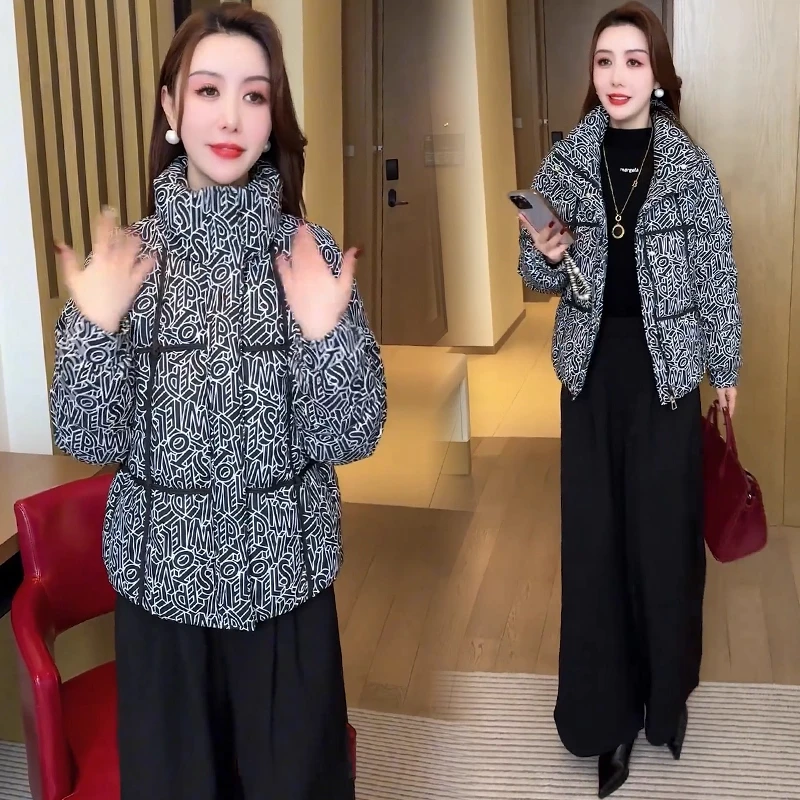 时尚气质印花棉服女冬装新款宽松显瘦百搭面包服加厚保暖棉衣外套