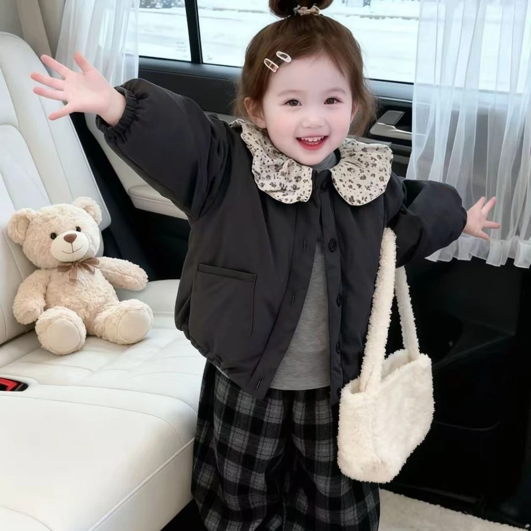 女童棉服冬款中小童宝宝韩版时髦棉袄儿童碎花娃娃领夹棉加厚外套