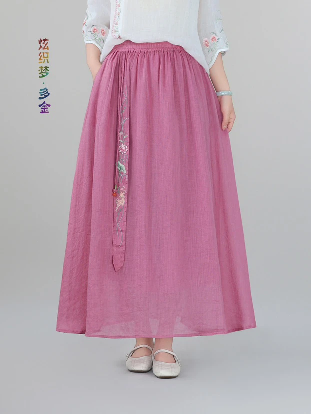 炫织梦多金25夏款国风飘带刺绣苎麻显瘦仙女裙半身裙3250