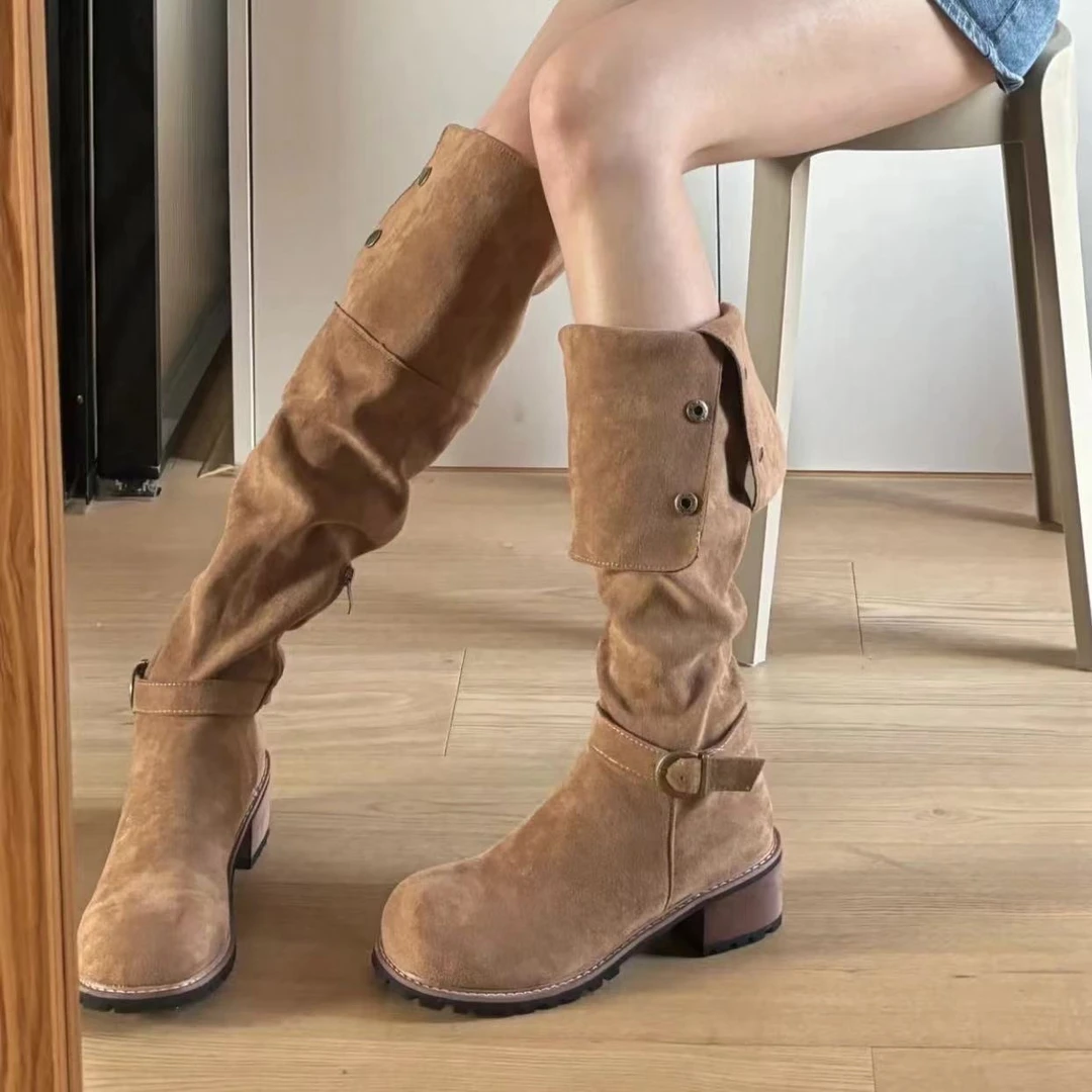 音乐节女孩~可翻折堆堆靴磨砂棕色骑士长靴女西部牛仔靴两穿25秋