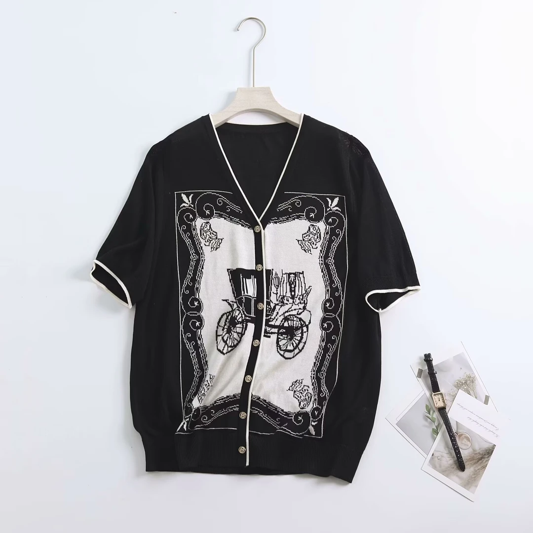 胖mm夏季新款复古高级感宽松短袖莱赛尔天丝针织上衣7732