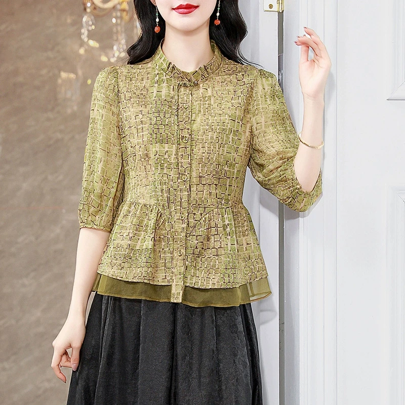 新款高端真品真丝桑蚕丝上衣女立领洋气2025妈妈小衫衬衫时尚年轻