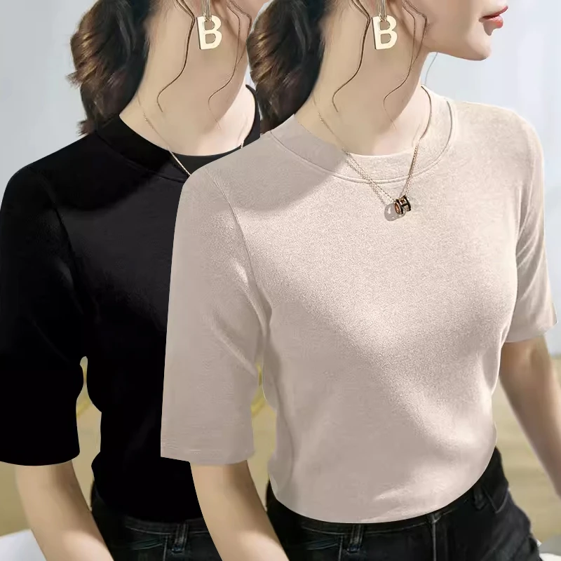 【现货速发】黑色小立领打底衫女中袖百搭显瘦新款春夏五分袖上衣女