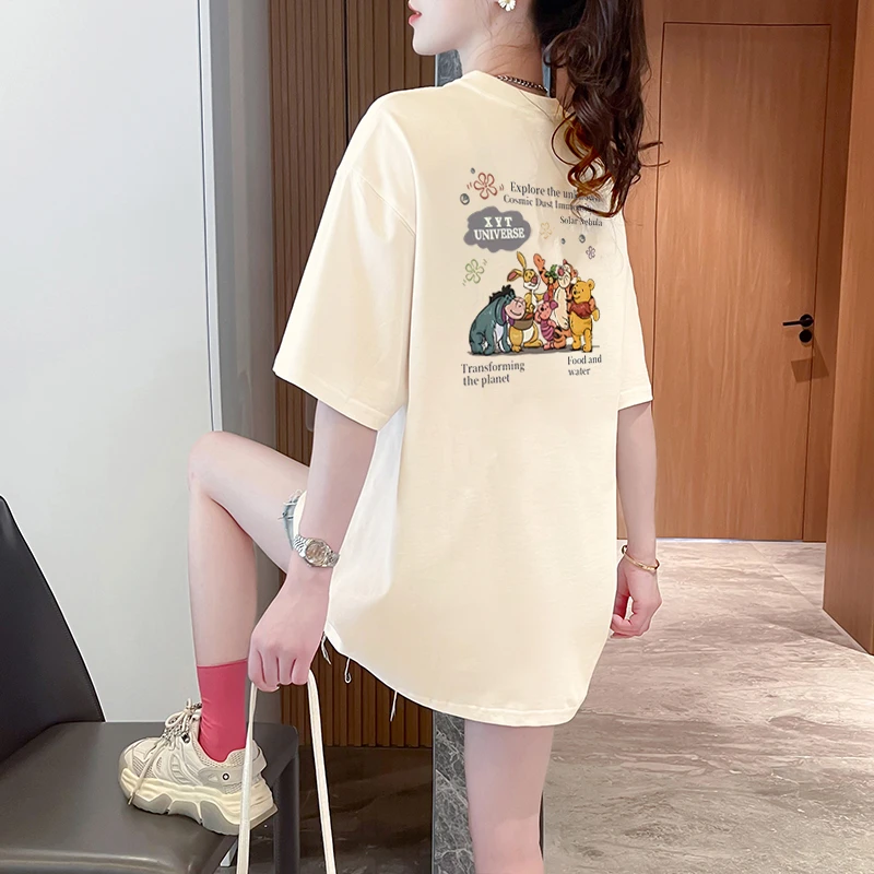 杏色T恤女宽松卡通动漫短袖女款爆款2025新款夏季纯棉中长款上衣