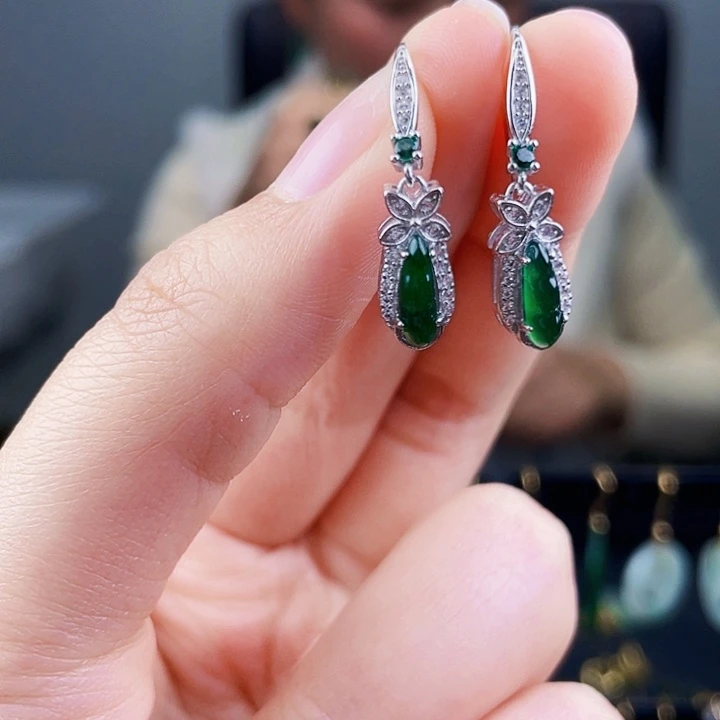 翡翠耳饰银S925镶嵌饰品