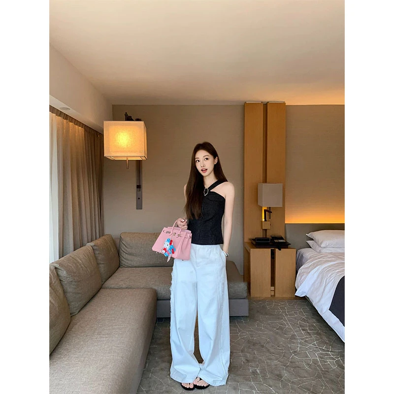 夏季新款休闲时尚设计感挂脖条纹吊带背心高腰宽松小众显瘦阔腿裤