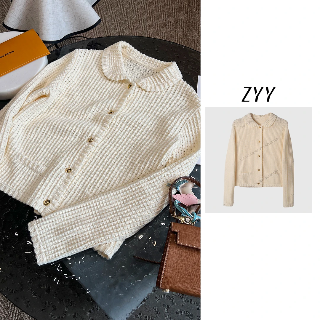 ZYY【旷野焙暖】2025/S新品秋季棉方格钩花镂空针织衫女X25QZZ03836