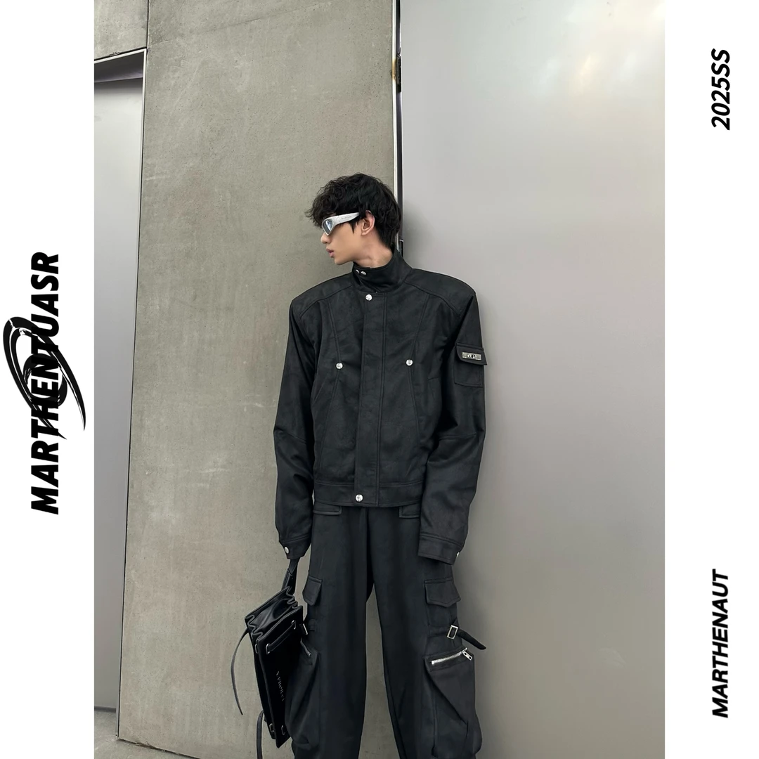 MARTHENAUT先锋巴黎废土原创麂皮绒垫肩夹克不规则设计感领口外套