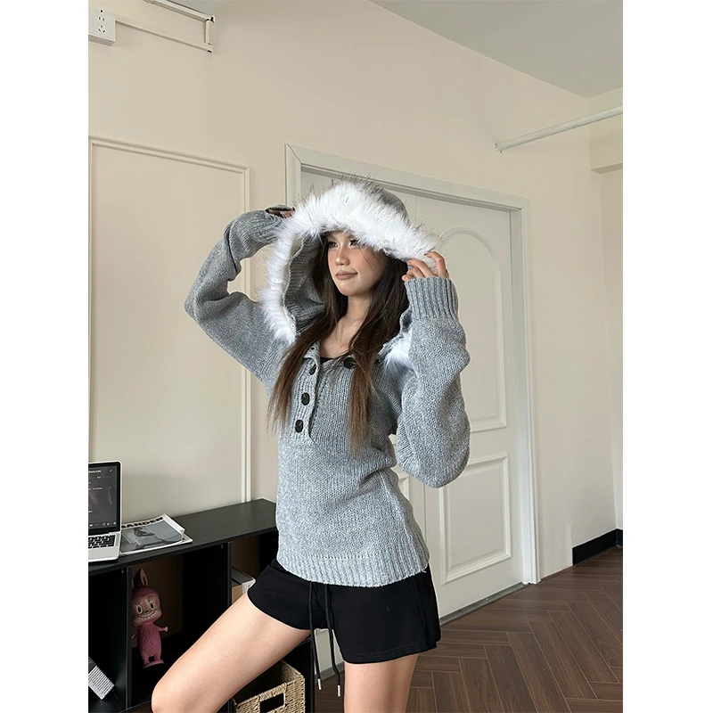 芊喜Studio 美式复古纽扣毛领连帽毛衣女修身慵懒风针织外套上衣