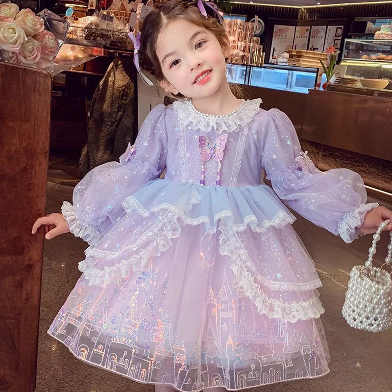 公主裙长袖洛丽塔蝴蝶星空立体女童汉服时髦高定春款网纱连衣裙子