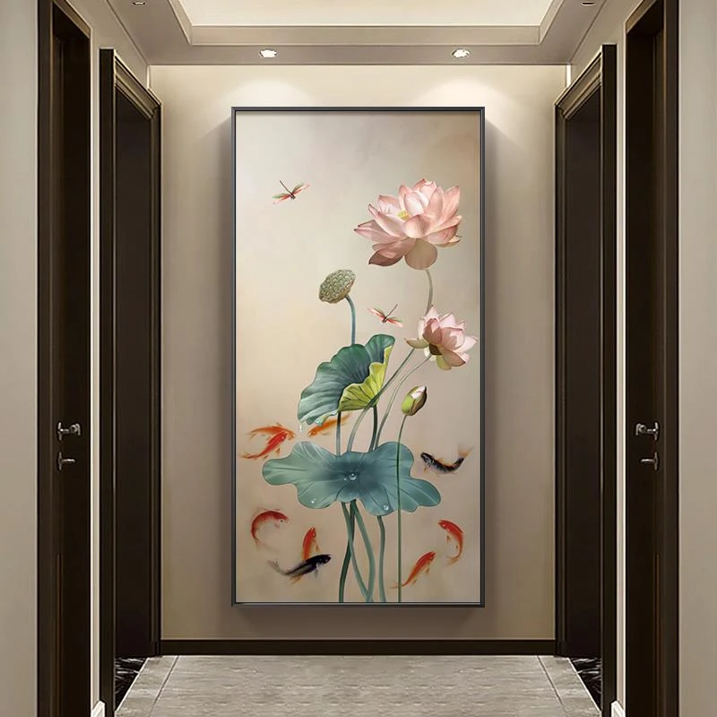 荷花九鱼图正对门入户玄关装饰画竖版新中式客厅轻奢高级感挂画
