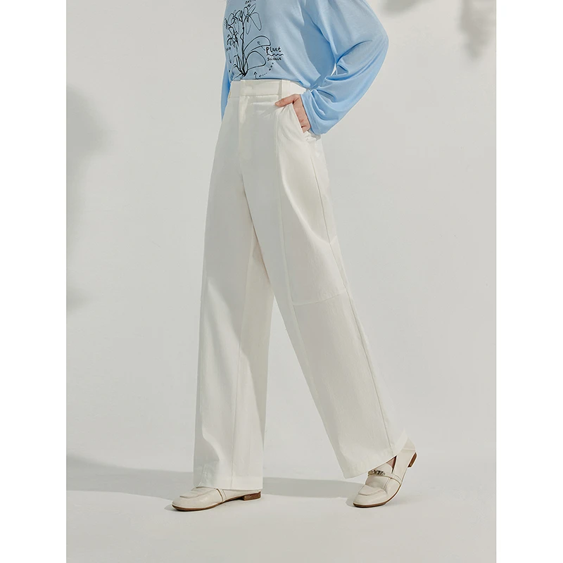 【欧若风新品】茵曼夏季白色皱感肌理百搭休闲裤弯刀裤宽松阔腿裤子