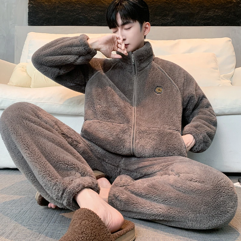 可外穿暖绒男士冬季法兰绒睡衣套装雪花绒家居服珊瑚绒加绒加厚