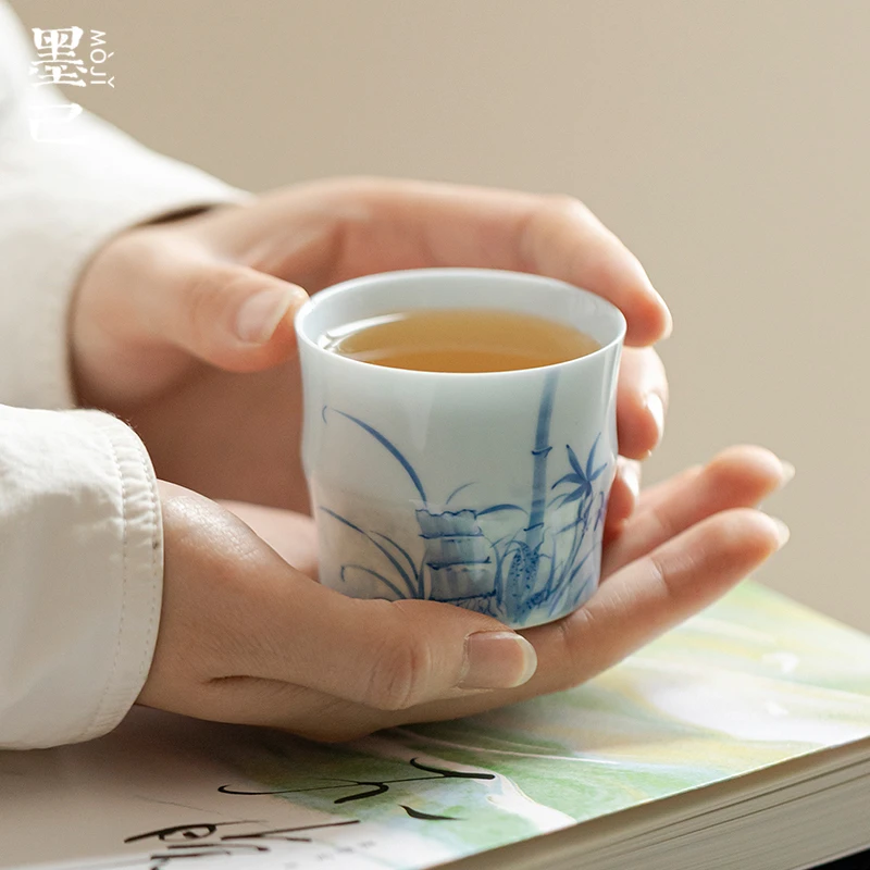 墨己晴山蓝手绘竹子陶瓷主人杯功夫茶具家用竹节茶杯喝茶品茗杯