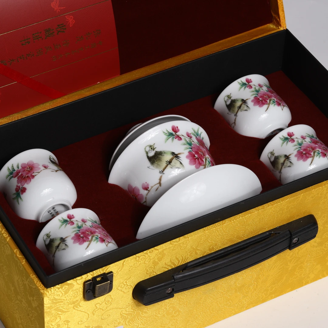 【非遗茶空间】景德镇产 艳若桃花元宝盖碗套装  中式茶具茶器
