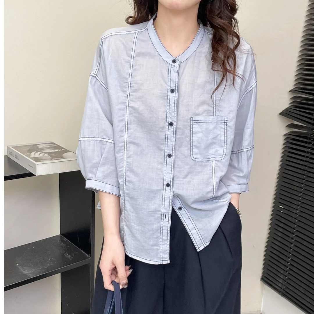 千百蔚夏季七分袖休闲风圆领衬衫设计感百搭拼接宽松休闲时尚衬衣