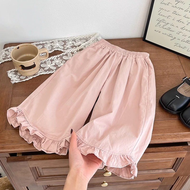 女童韩版时尚夏款阔腿裤粉色花边休闲裤时尚百搭洋气休闲九分裤潮