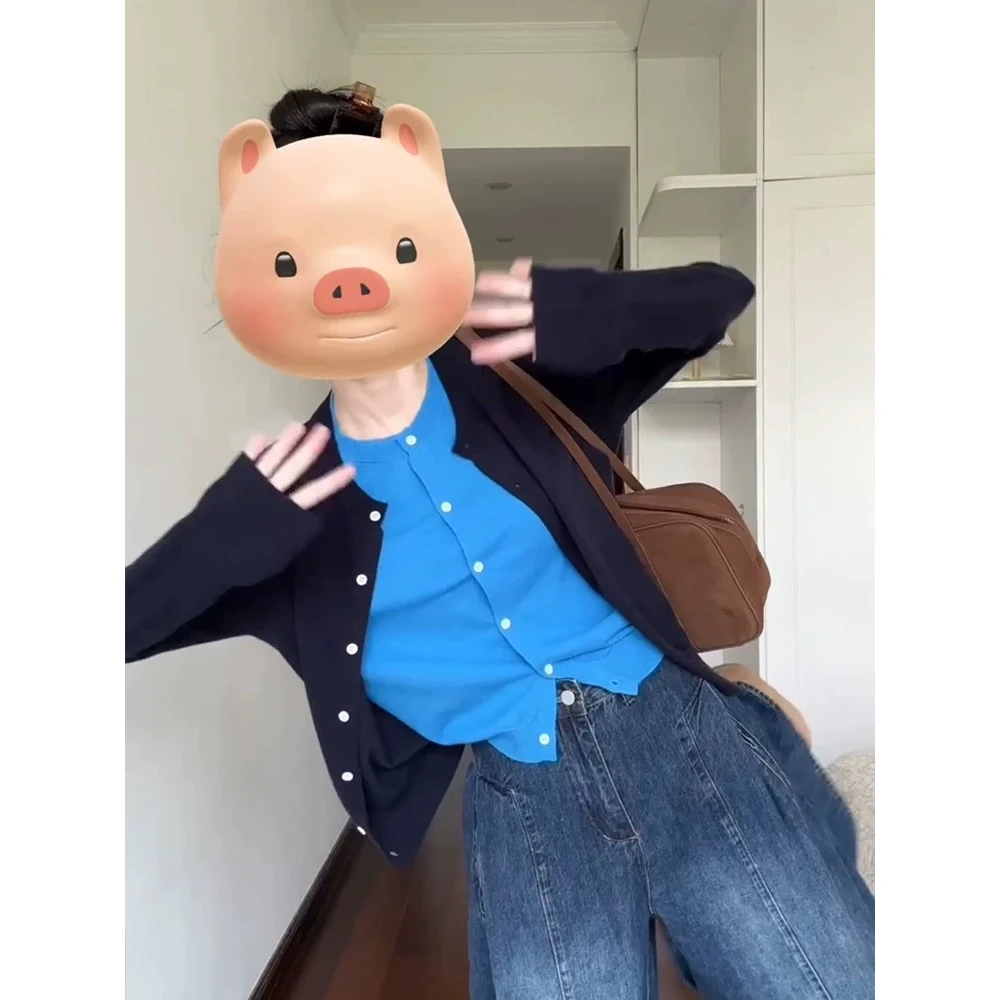 假两件撞色针织开衫女春冬季简约风通勤休闲百搭韩版圆领毛衣2903