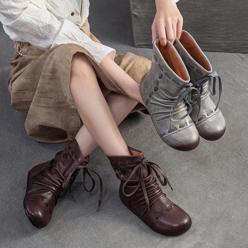 杰骤2025秋冬新款圆头复古靴子头层牛皮百搭擦色舒适轻便套筒女鞋