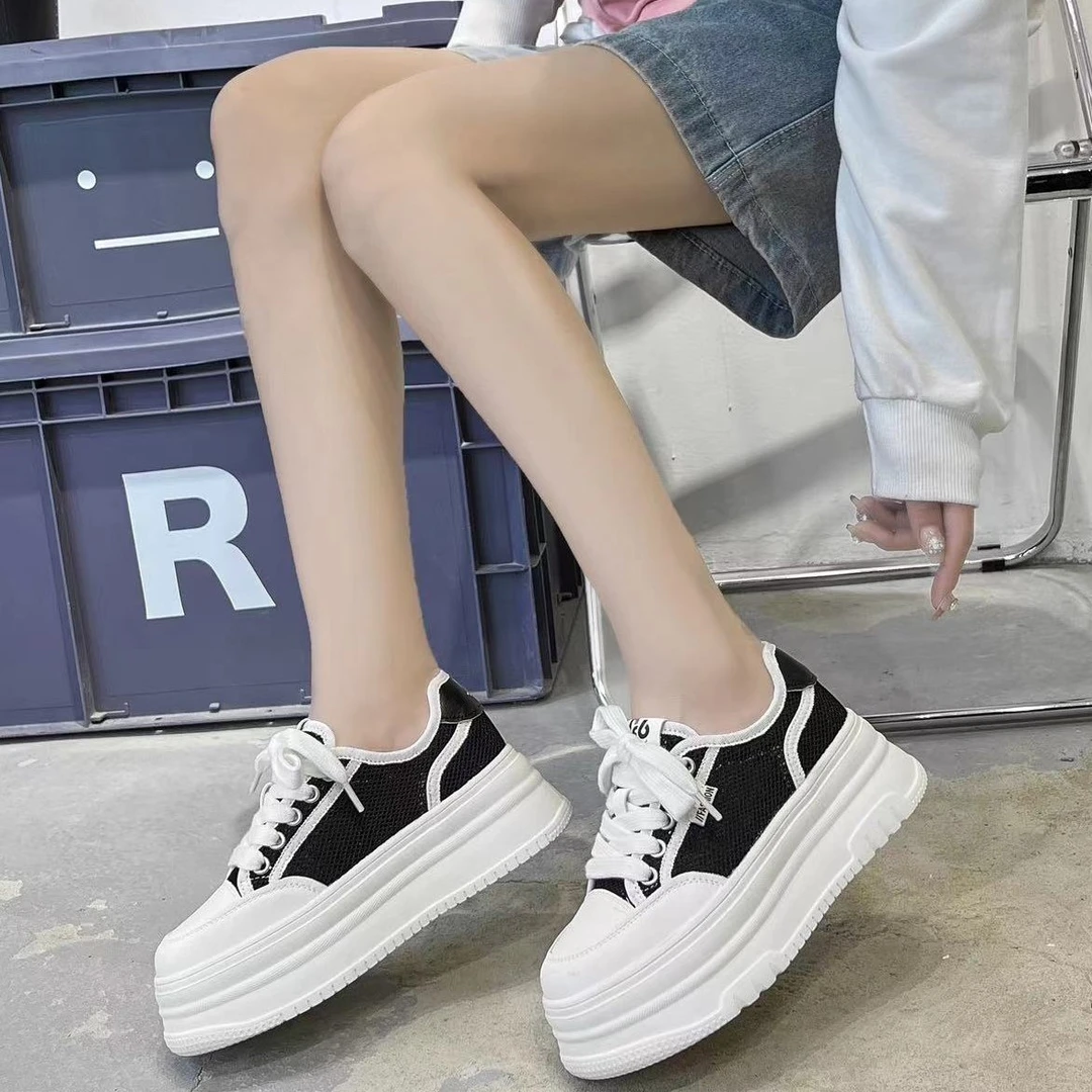 春夏新款真皮配网厚底女时尚潮流百搭韩版轻底休闲小白鞋休闲鞋