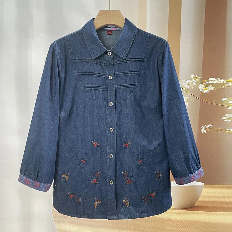 奶奶夏季纯棉衬衫七分袖中老年人妈妈夏装洋气宽松全棉衬衣绣花款