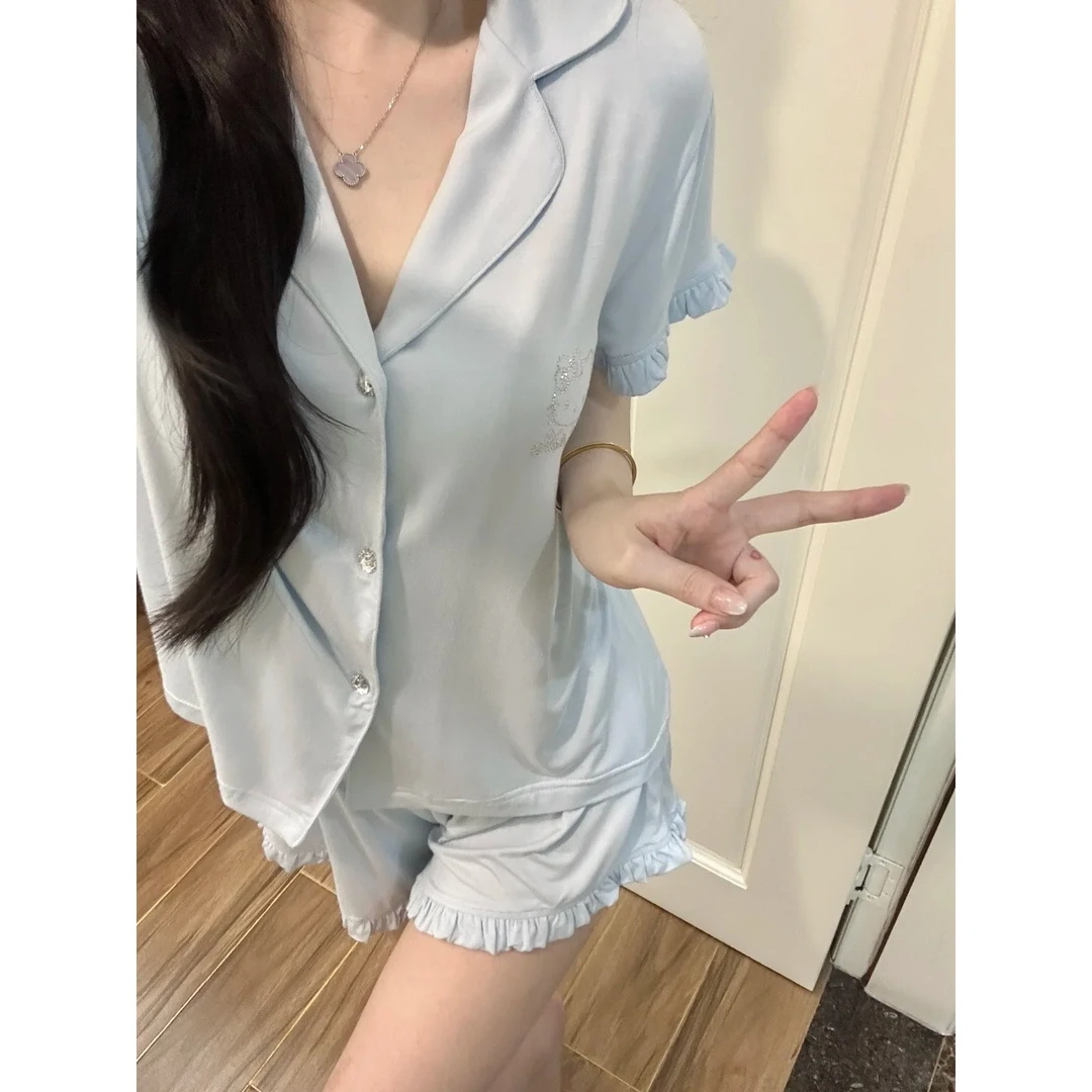 【薄荷蓝KITTY】法式甜美少女多巴胺烫钻睡衣新短袖套装大码家居服