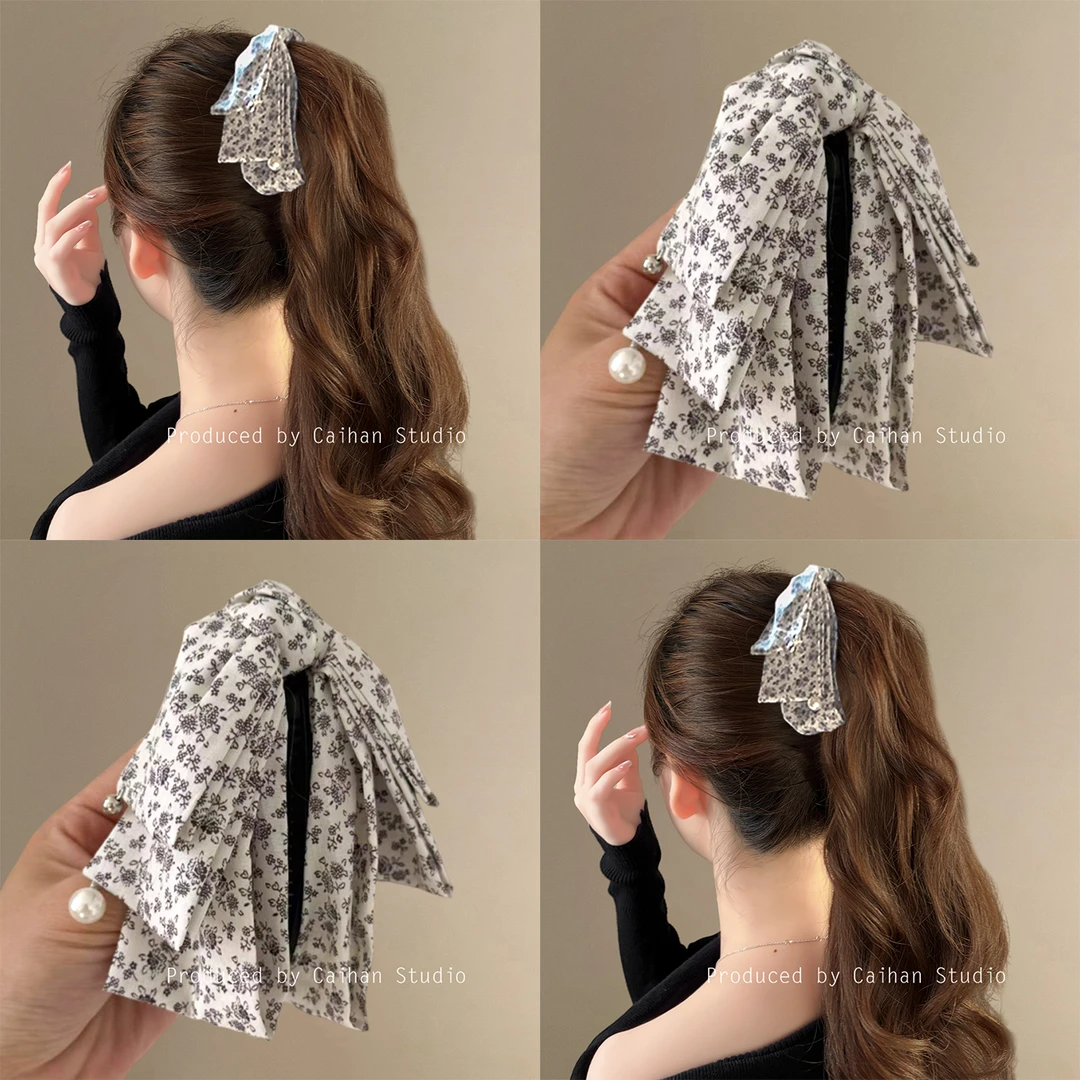 茉秋漫花~韩系碎花蝴蝶结香蕉夹竖夹高级文艺气质马尾夹旅行发卡