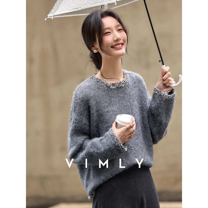 M梵希蔓花灰色小香风亮丝边套头毛衣女冬百搭圆领针织上衣30501