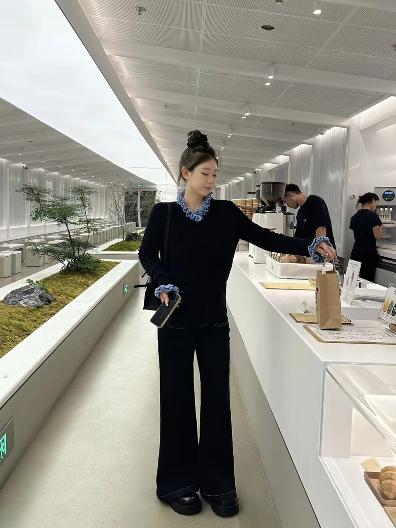 琪琪怪怪大码女装【玛奇朵】撞色木耳边时尚百搭针织上衣T67764QTQ