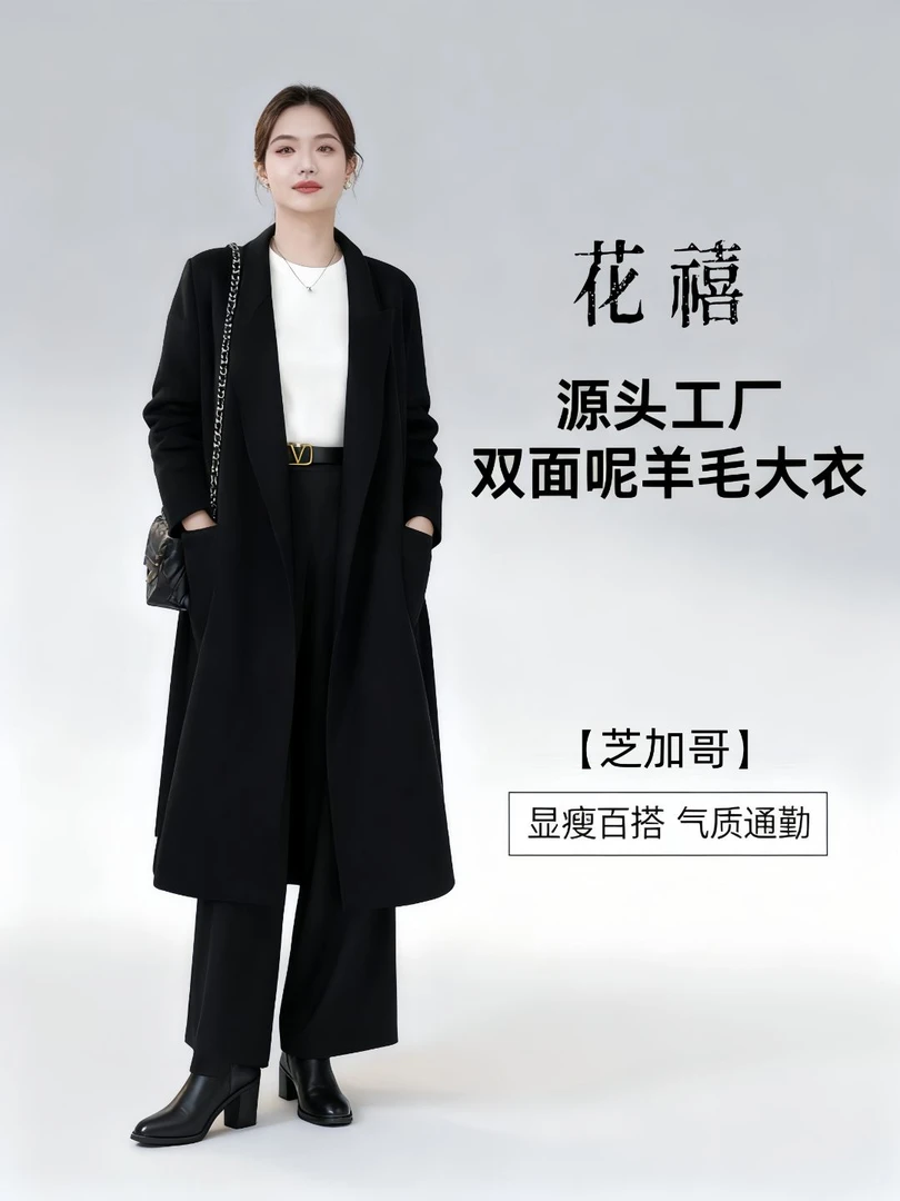 花禧 2828【芝加哥】老钱风长款枪驳领厚款毛呢大衣 2025年新款