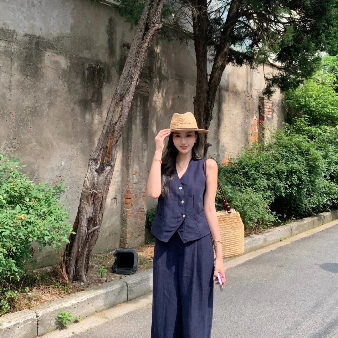 韩系时尚领马背心高腰休闲阔腿裤2025夏季新款高级感两件套女