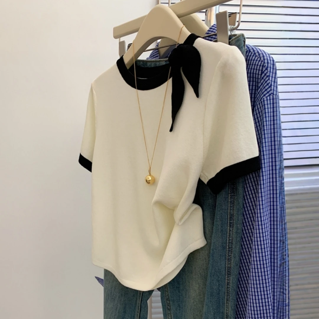 SS605撞色蝴蝶结短袖t恤女小个子短款正肩直筒上衣独特设计感2025