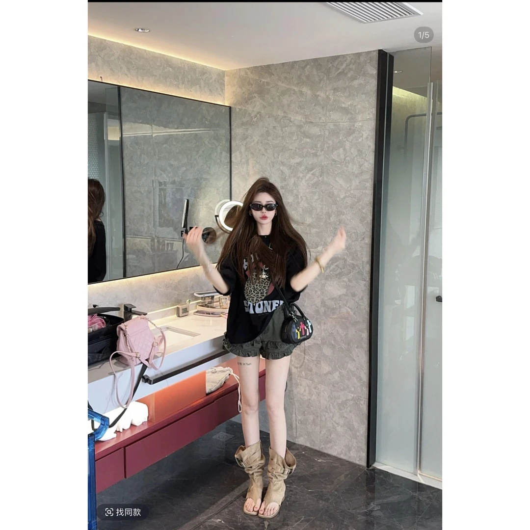 韩版印花宽松短袖T恤百搭牛仔短裤女2025夏季新款时尚洋气套装潮