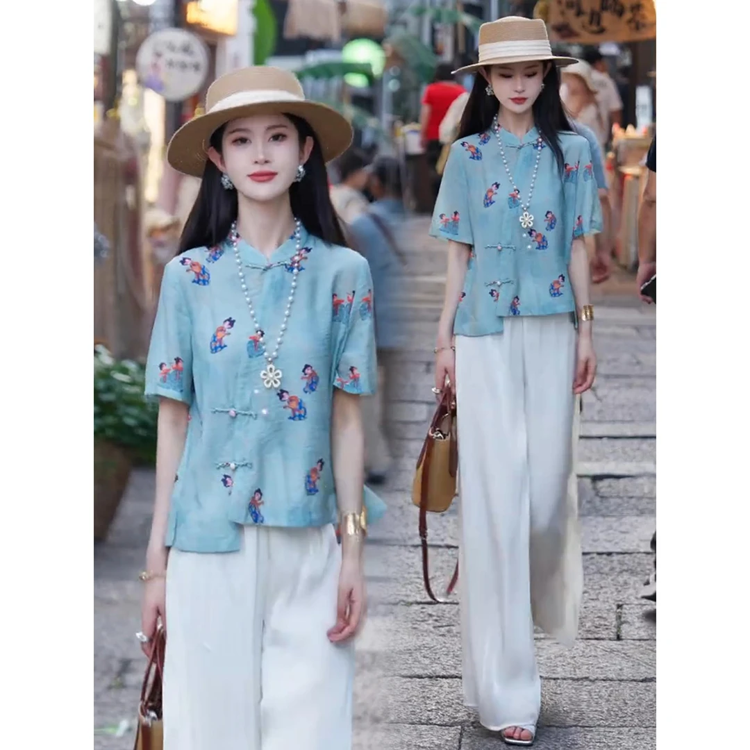 新中式国风套装女2025夏季新款洋气盘扣短袖衬衫阔腿裤显瘦两件套