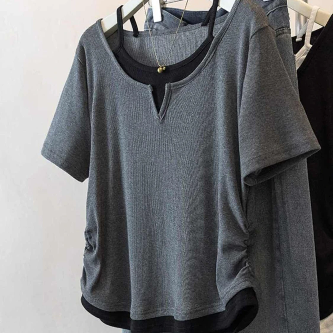 大码假两件洋气正肩短袖t恤女夏季新款胖mm宽松显瘦遮肚百搭上衣