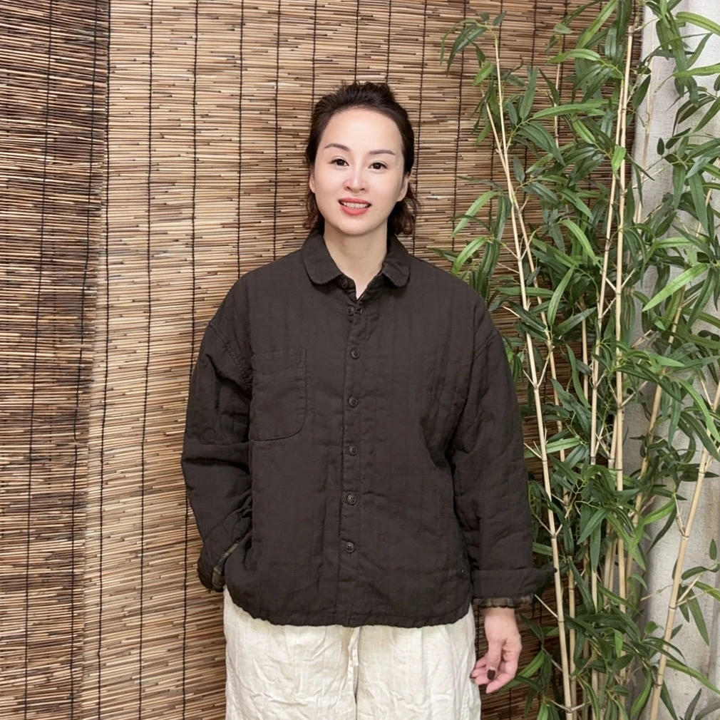 冬季新款密压线麻棉服保暖休闲百搭