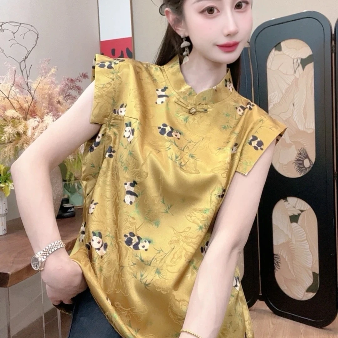 【740熊猫】夏季熊猫彩绘百搭显瘦新中式小飞袖短袖女日常款